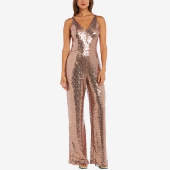 R & M Richards Pants - Nightway Petite Sequined Jumpsuit Rose Gold
